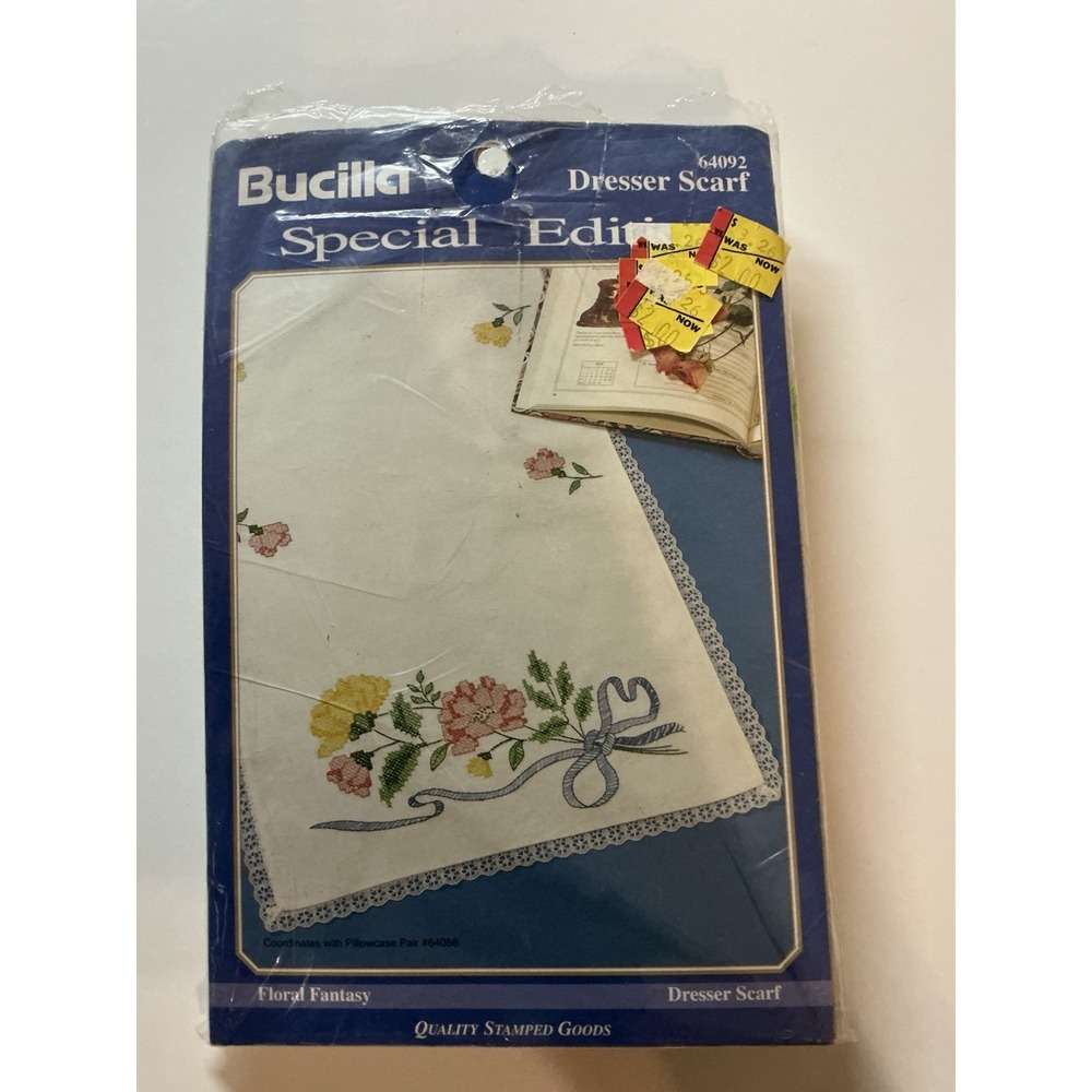 1994 Bucilla Dresser Scarf FLORAL FANTASY #64092 Stamped Linen + Thread